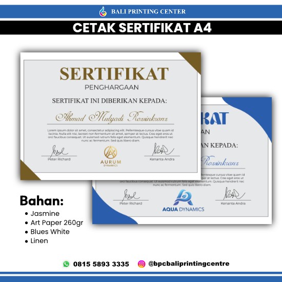 Cetak Sertifikat A4 / Piagam A4 (10pcs)